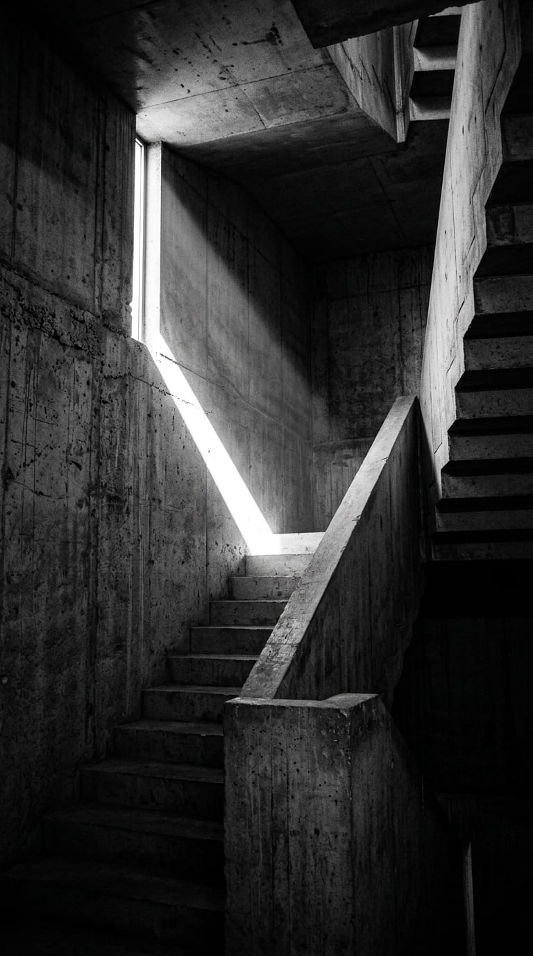 A concrete stairwell with one diagonal beam of hard light, in black and white