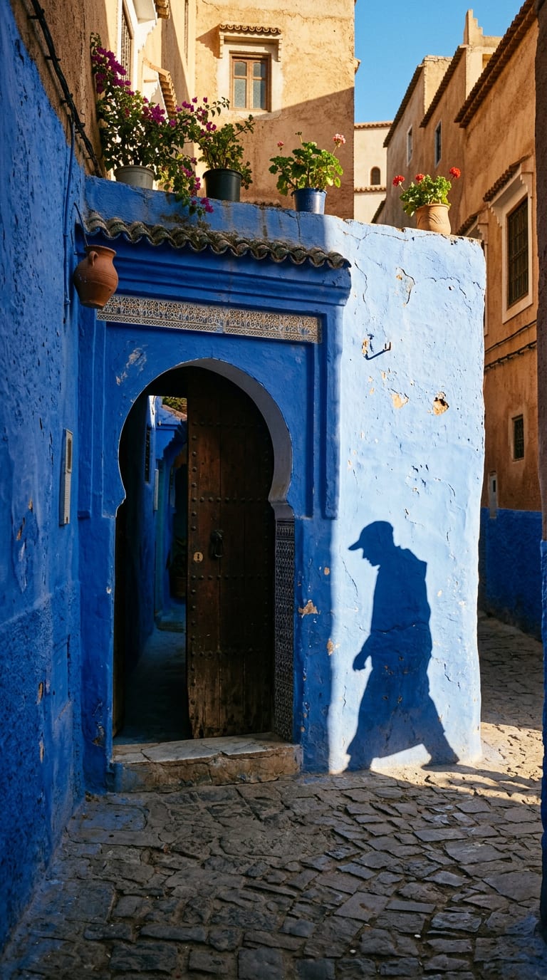 A cobalt-blue Moroccan wall with an arched doorway and the long shadow of a walking person
