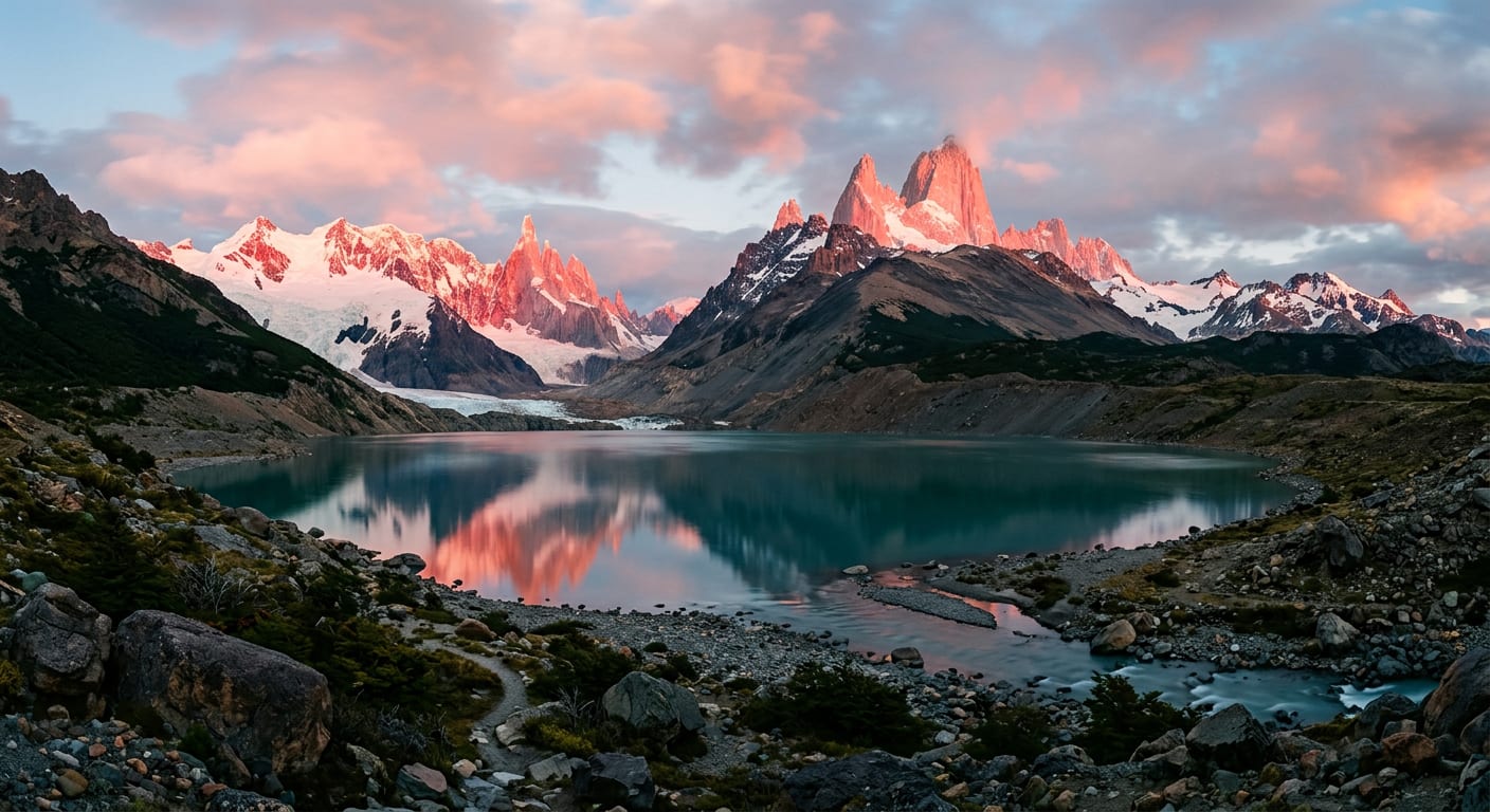 Pink granite peaks at first light above a still turquoise lake