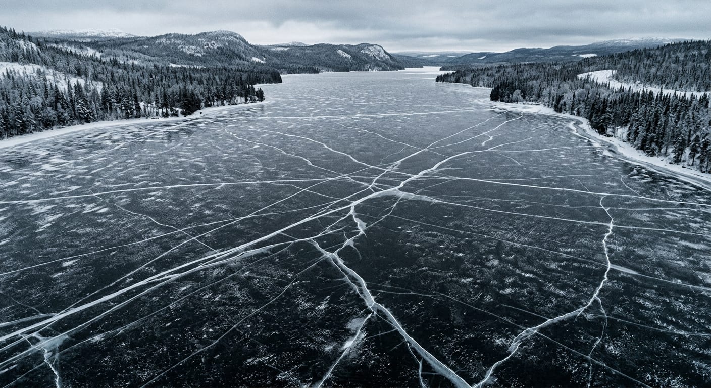 A frozen lake seen from above, dark ice crossed by long white fractures, with snowy forest on both banks