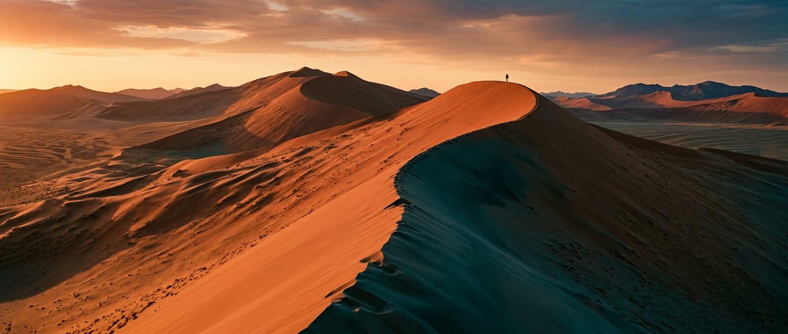 Sculpted desert dunes at sunset, orange sand lit on one side and deep blue shadow on the other, with one tiny figure on the crest